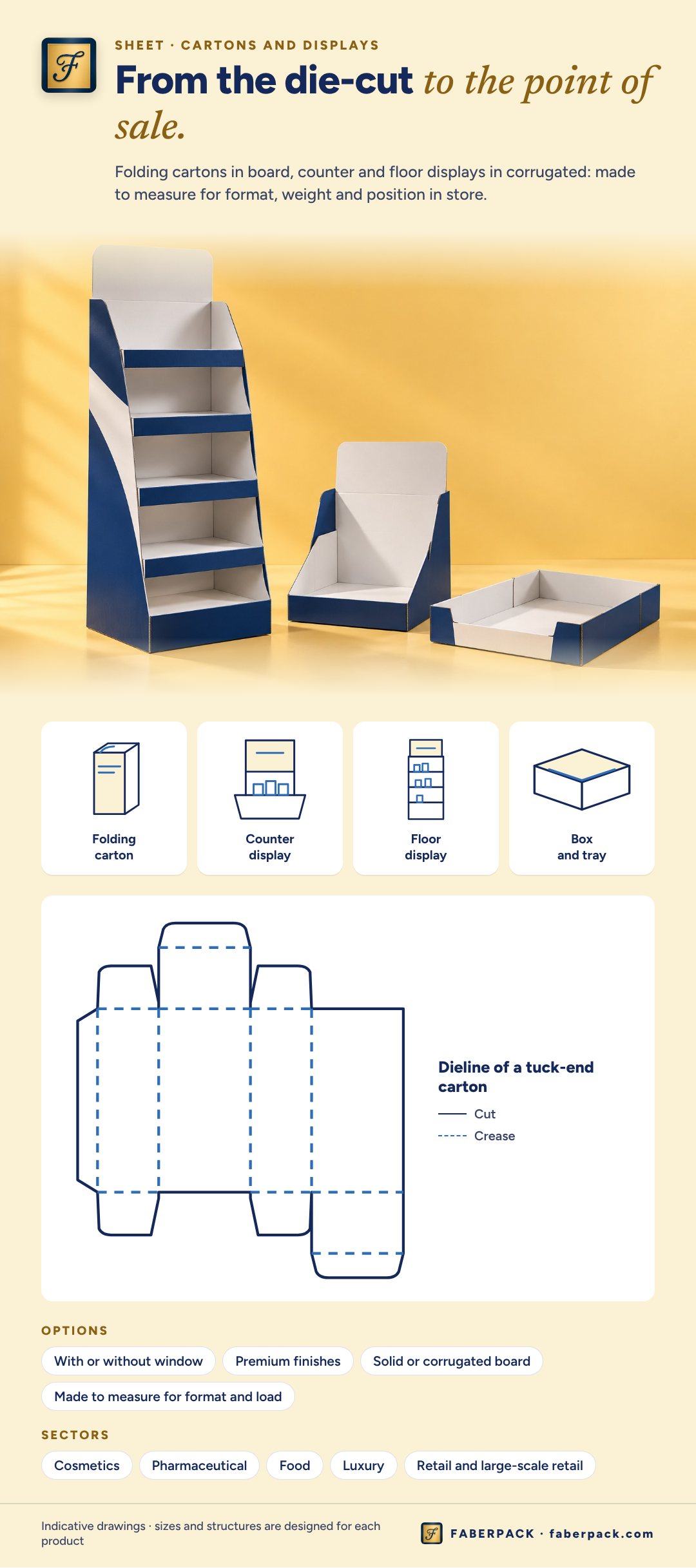 Illustrative sheet of cartons and displays, with the dieline of a tuck-end carton