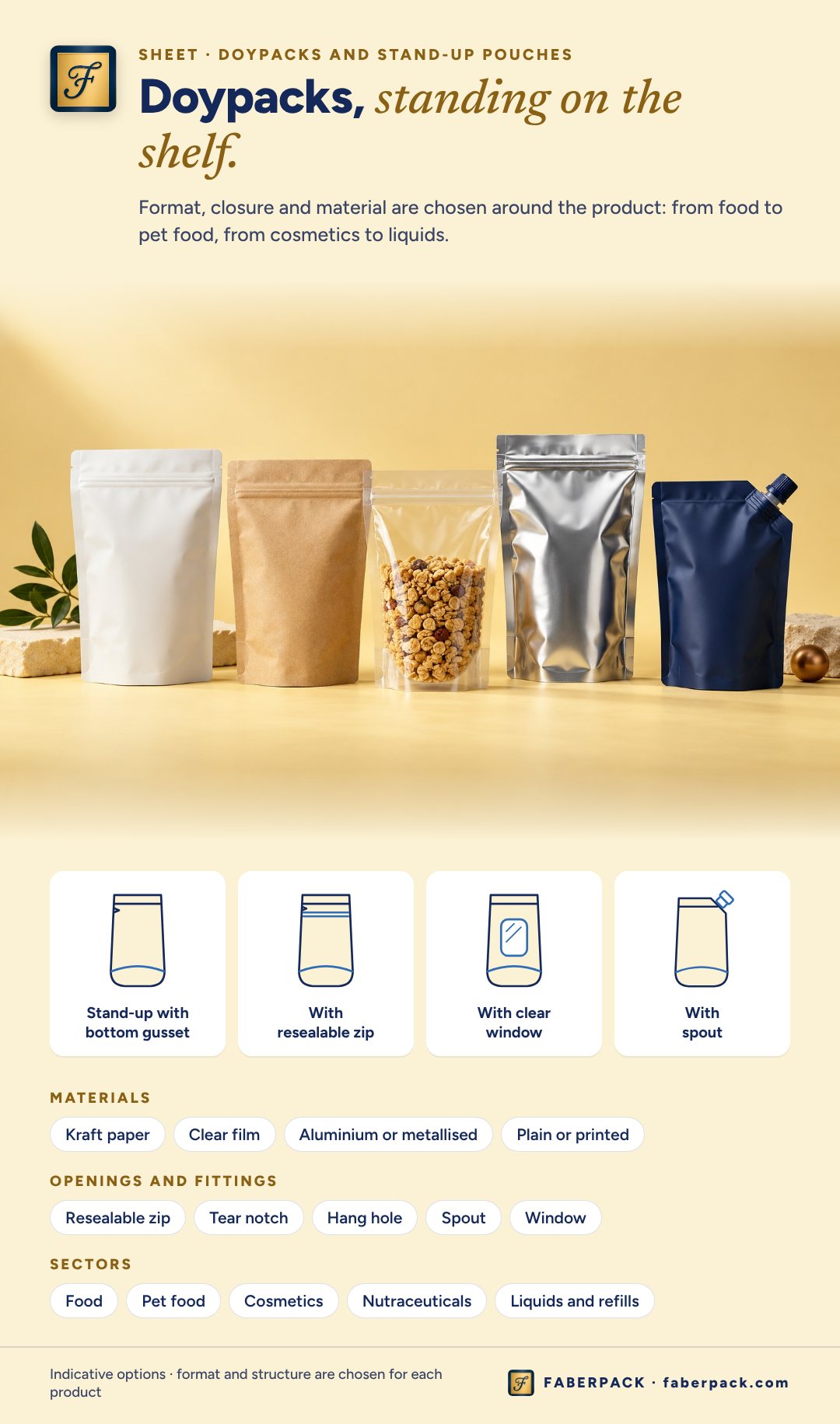 Illustrative sheet of doypacks: formats, materials, openings and fittings, sectors