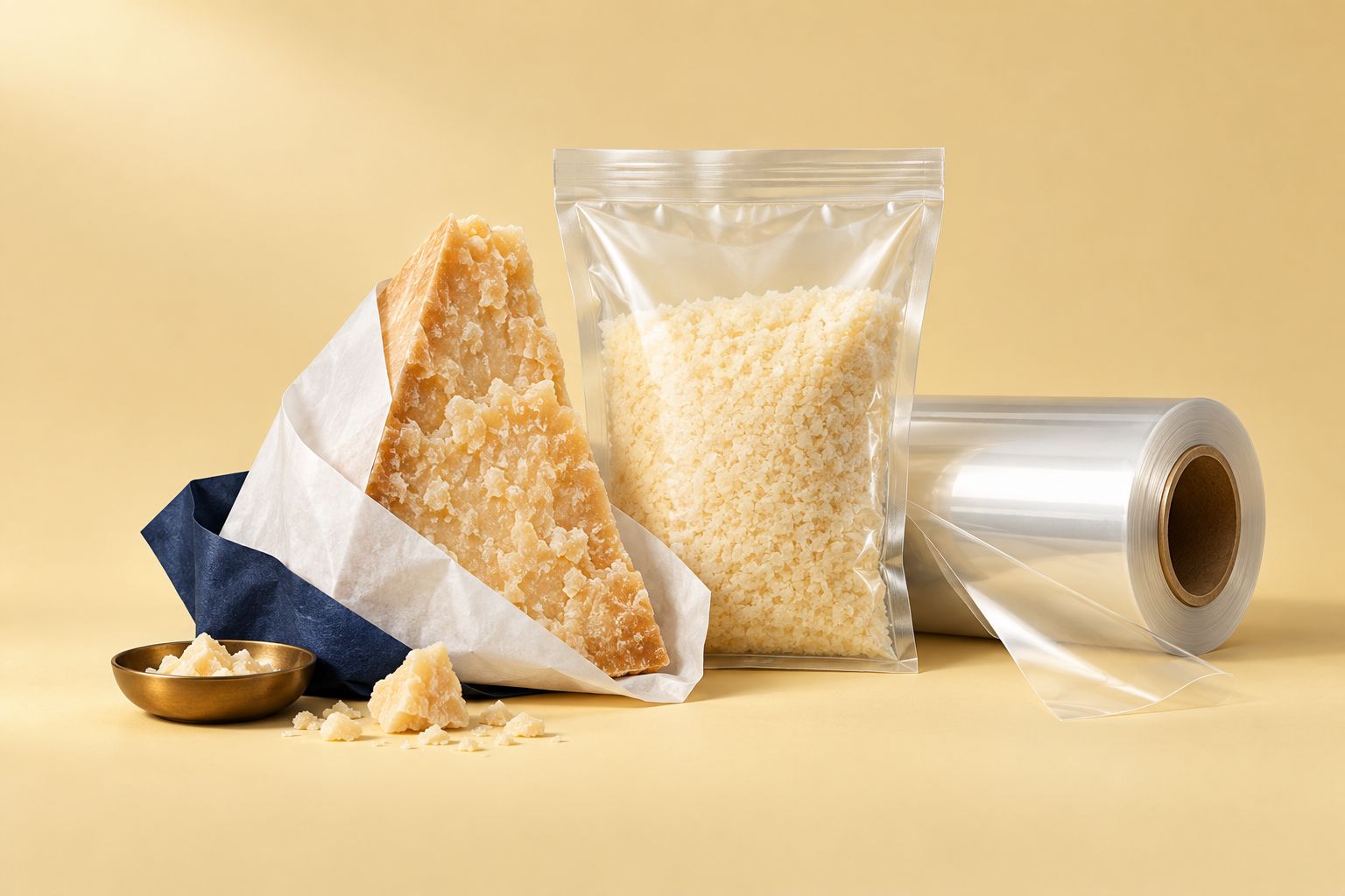 Formaggio a spicchi in carta, grattugiato in busta e bobina di film