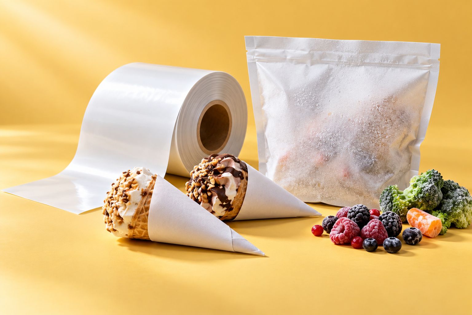 Coni gelato incartati, busta per surgelati e bobina di carta