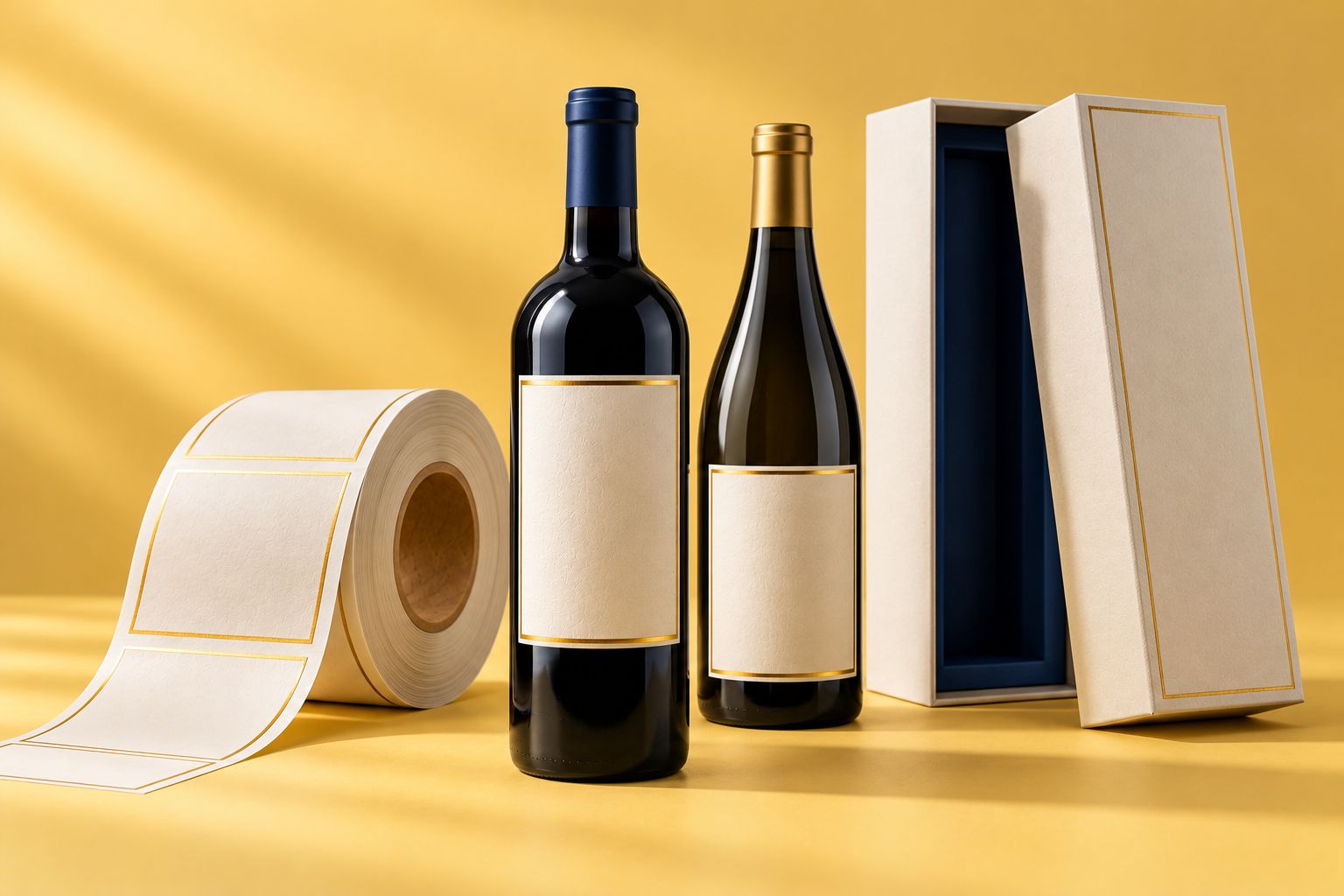 Bottiglie di vino con etichette, rotolo di etichette e astuccio